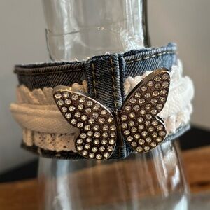 Upcycled Denim and Lace Butterfly Embellished Cuff Bracelet Brave Wings